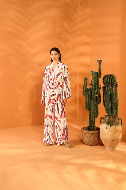 WHITE FEATHER KIMONO AND TROUSER SET
