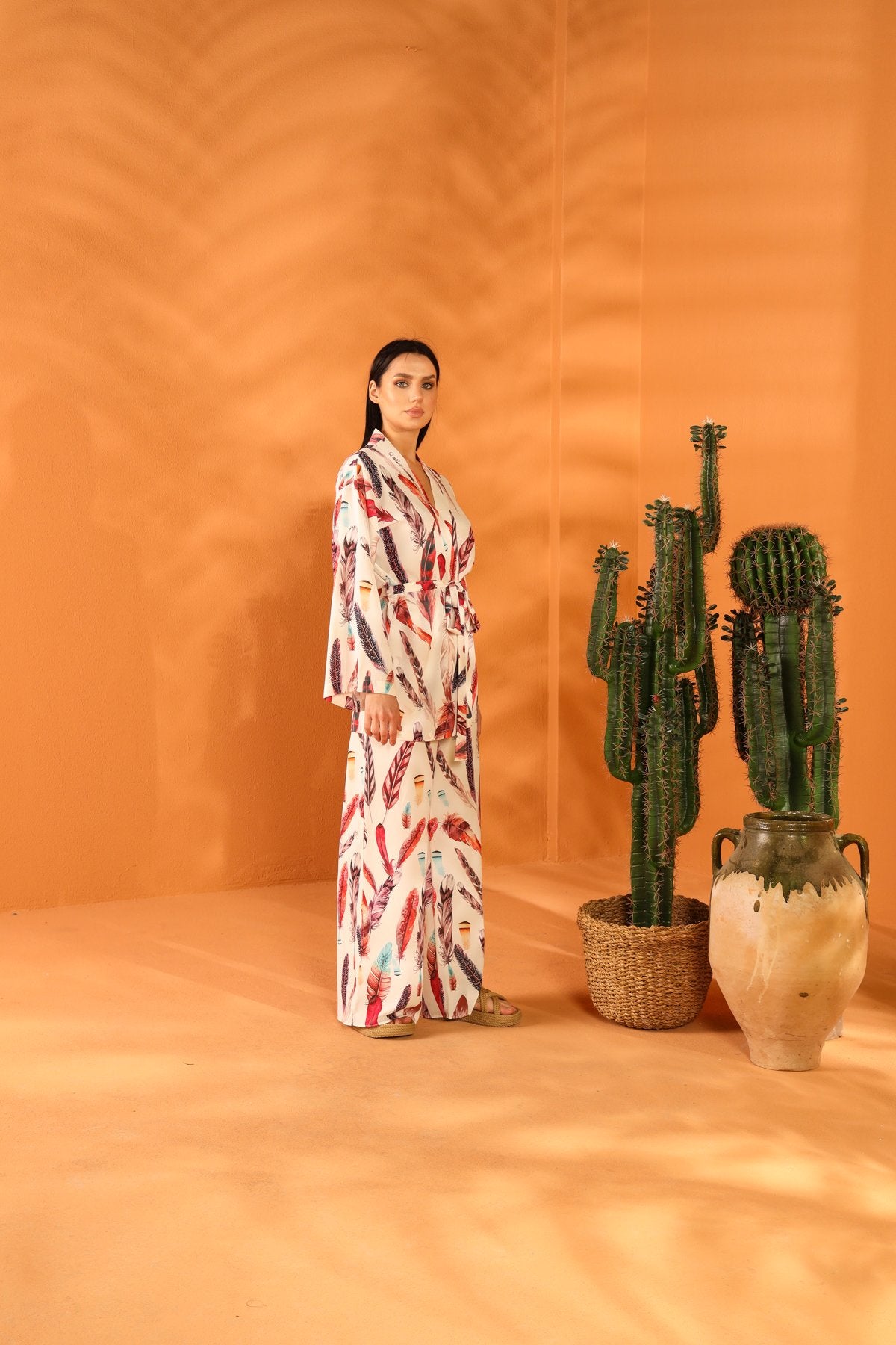 WHITE FEATHER KIMONO AND TROUSER SET