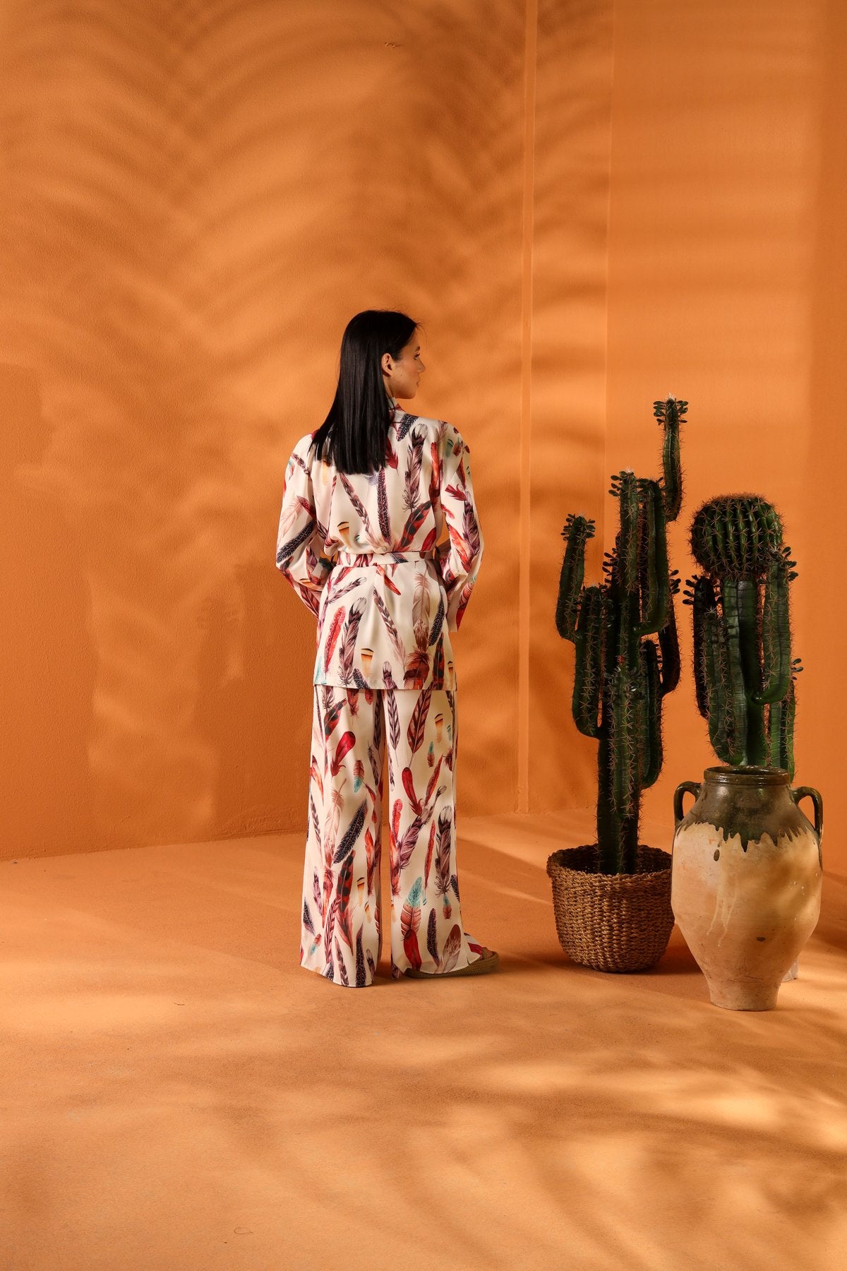 WHITE FEATHER KIMONO AND TROUSER SET