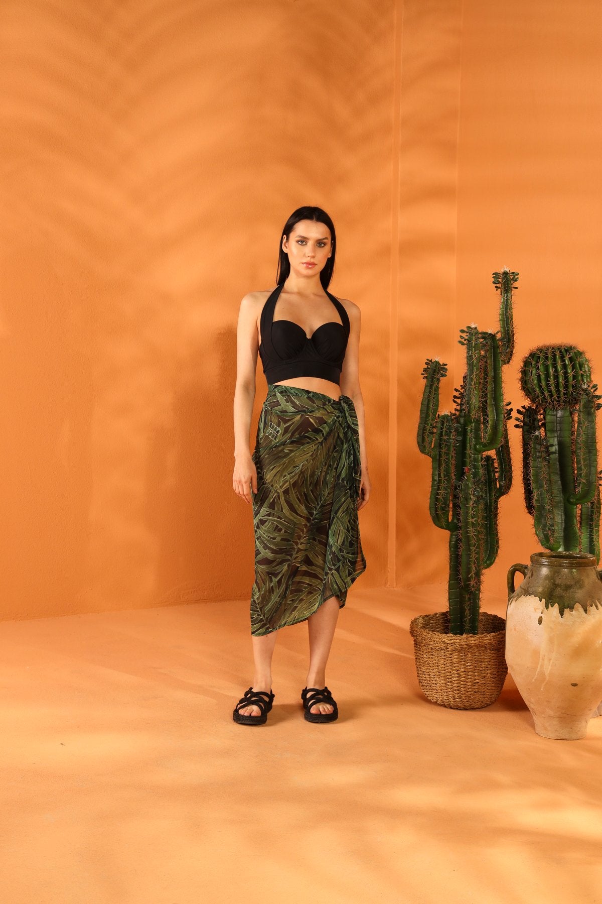 BLACK BOTANICAL PAREO SKIRT