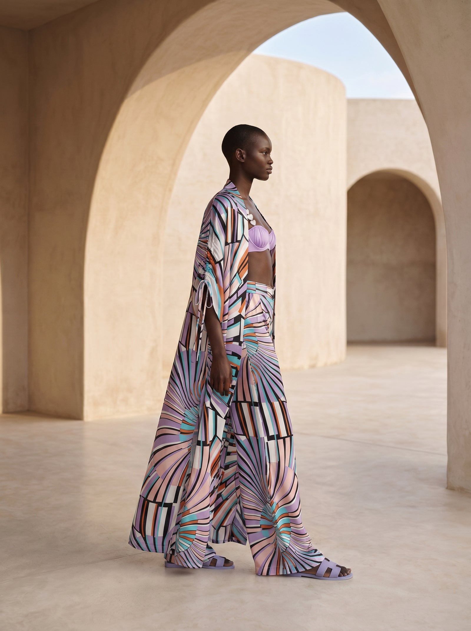 SPLIT RUFFLED LONG KIMONO & TROUSERS SET