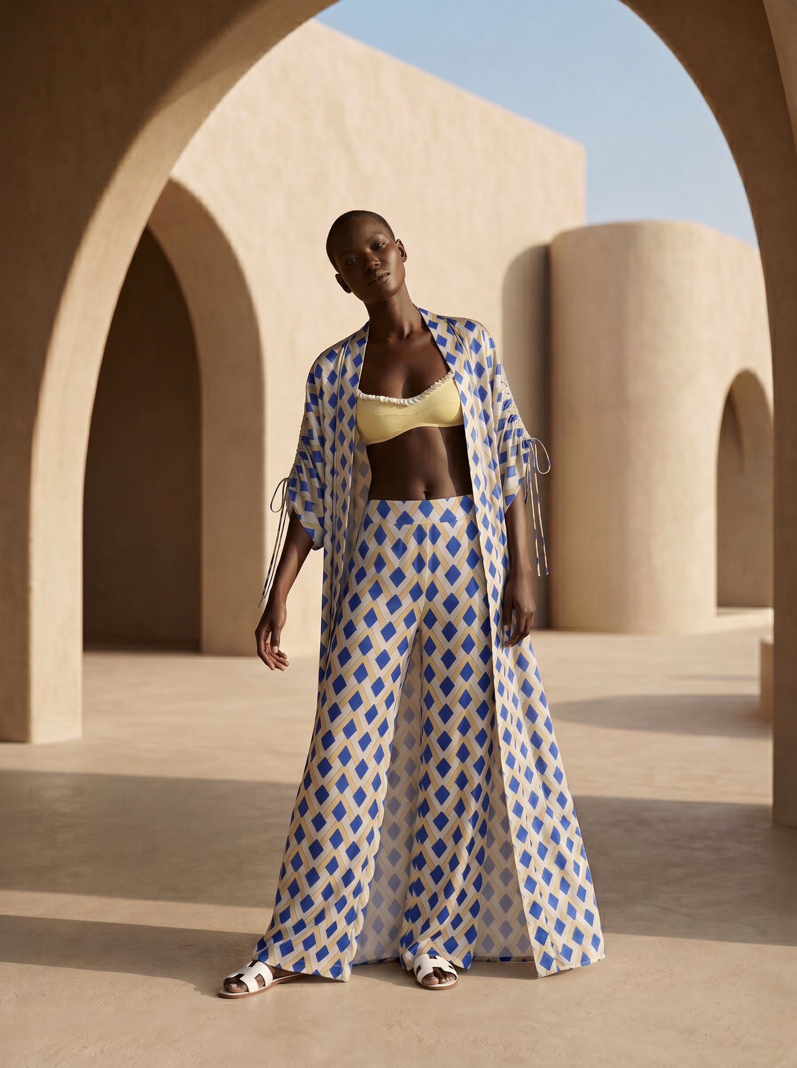 NICE GATHERED LONG KIMONO & TROUSERS SET