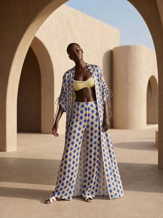 NICE GATHERED LONG KIMONO & TROUSERS SET