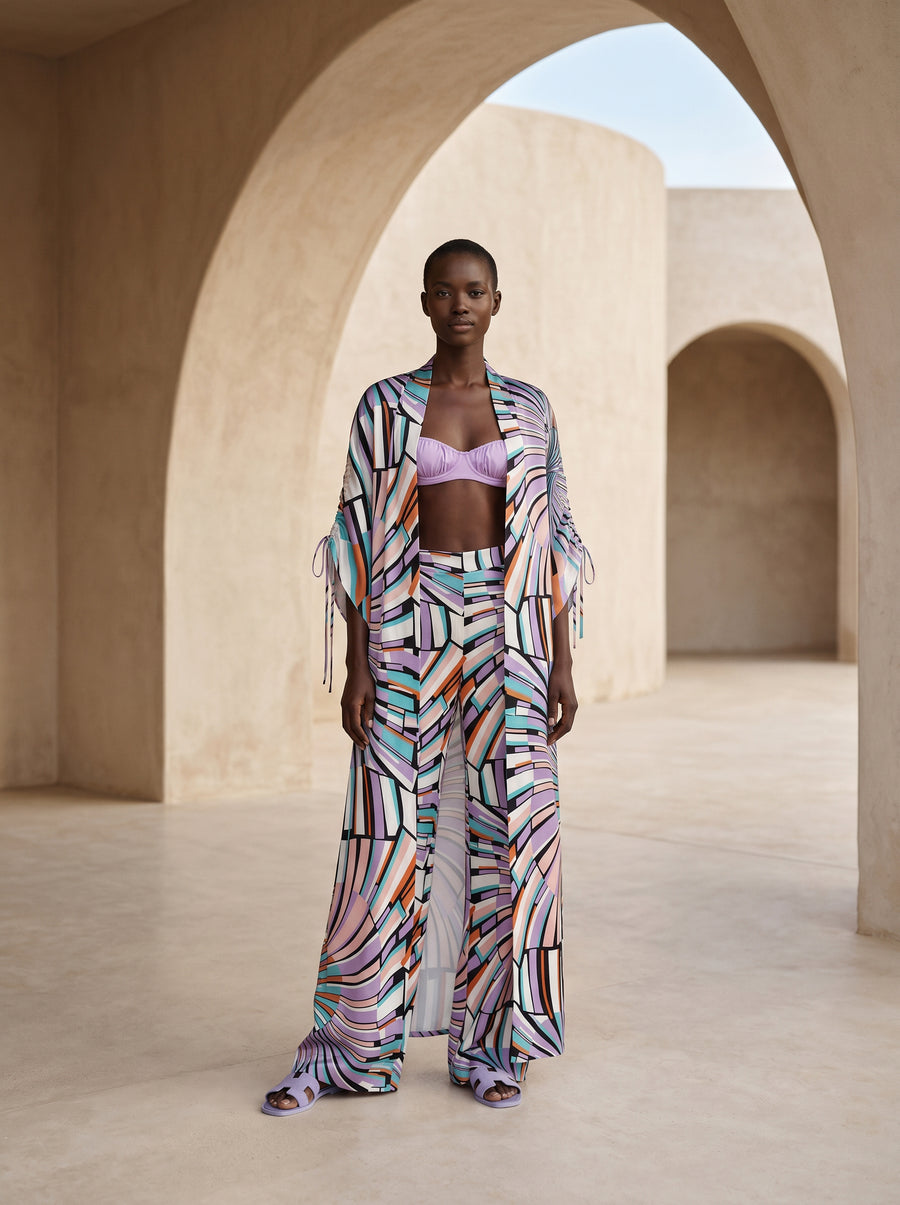 SPLIT RUFFLED LONG KIMONO & TROUSERS SET